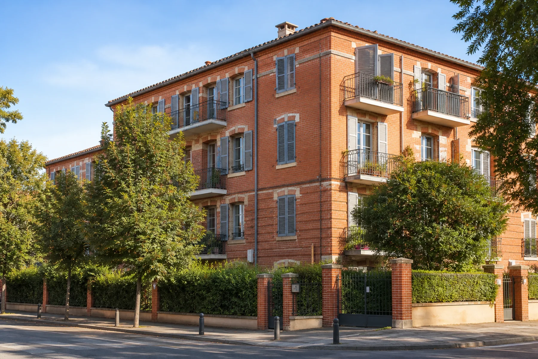 Copropriété en briques toulousaines bordée d'arbres